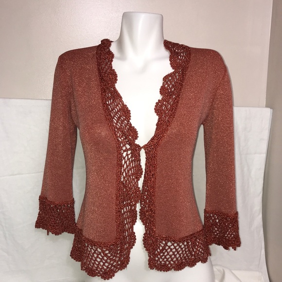 Joseph Bronze Orange Shimmery Lace Collar Cardigan - Picture 2 of 14